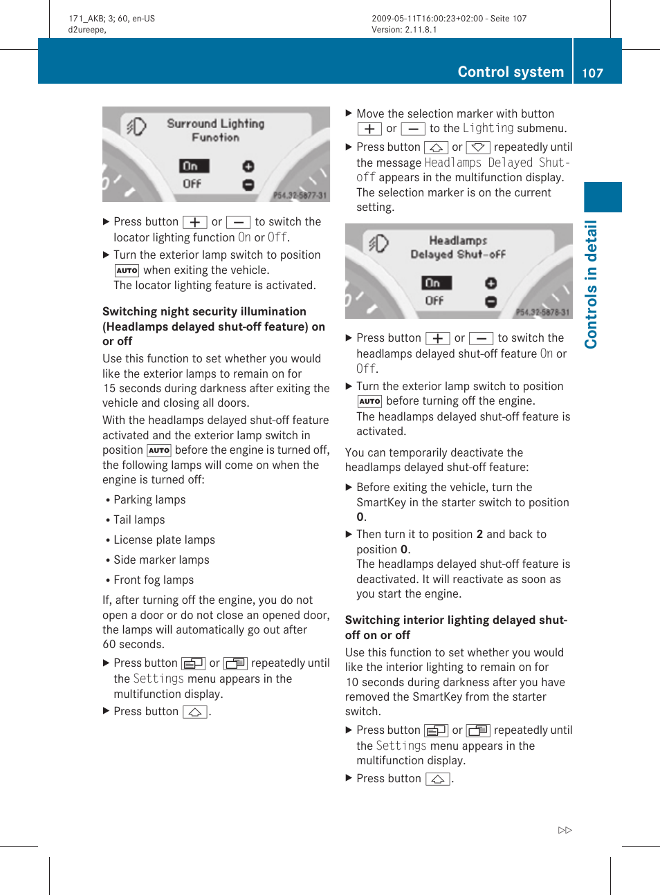 On or off, Controls in detail, Control system | Mercedes-Benz SLK-Class 2011 Owners Manual User Manual | Page 109 / 312