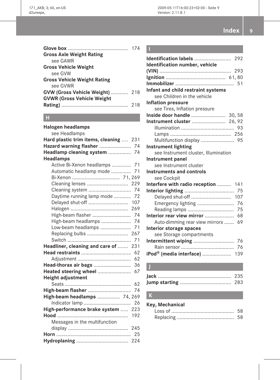 Index | Mercedes-Benz SLK-Class 2011 Owners Manual User Manual | Page 11 / 312