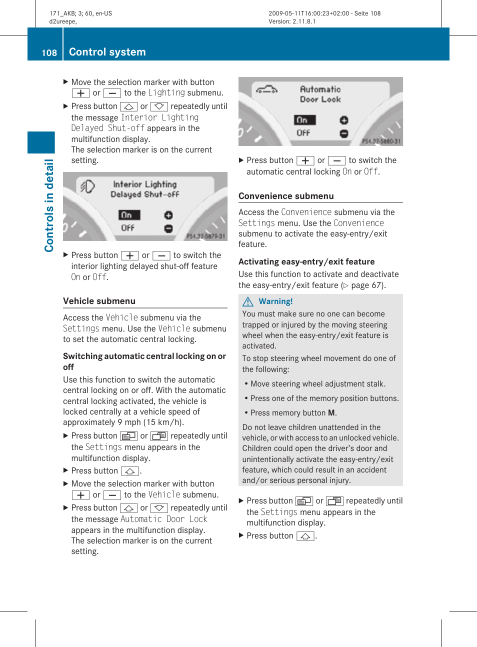 Be switched off, Convenience submenu, Controls in detail | Control system | Mercedes-Benz SLK-Class 2011 Owners Manual User Manual | Page 110 / 312