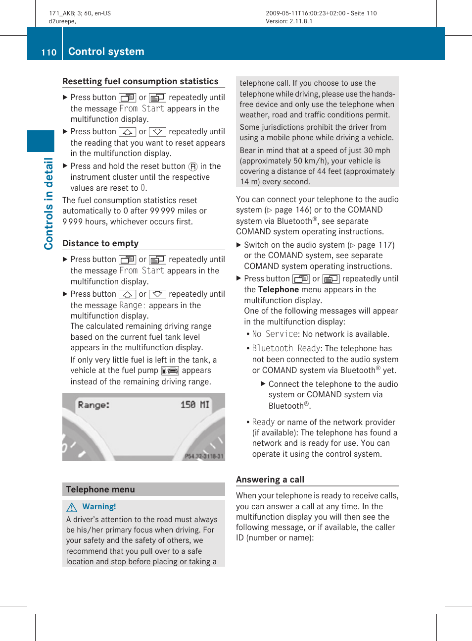 Telephone menu, Menu, Distance to empty | Controls in detail, Control system | Mercedes-Benz SLK-Class 2011 Owners Manual User Manual | Page 112 / 312