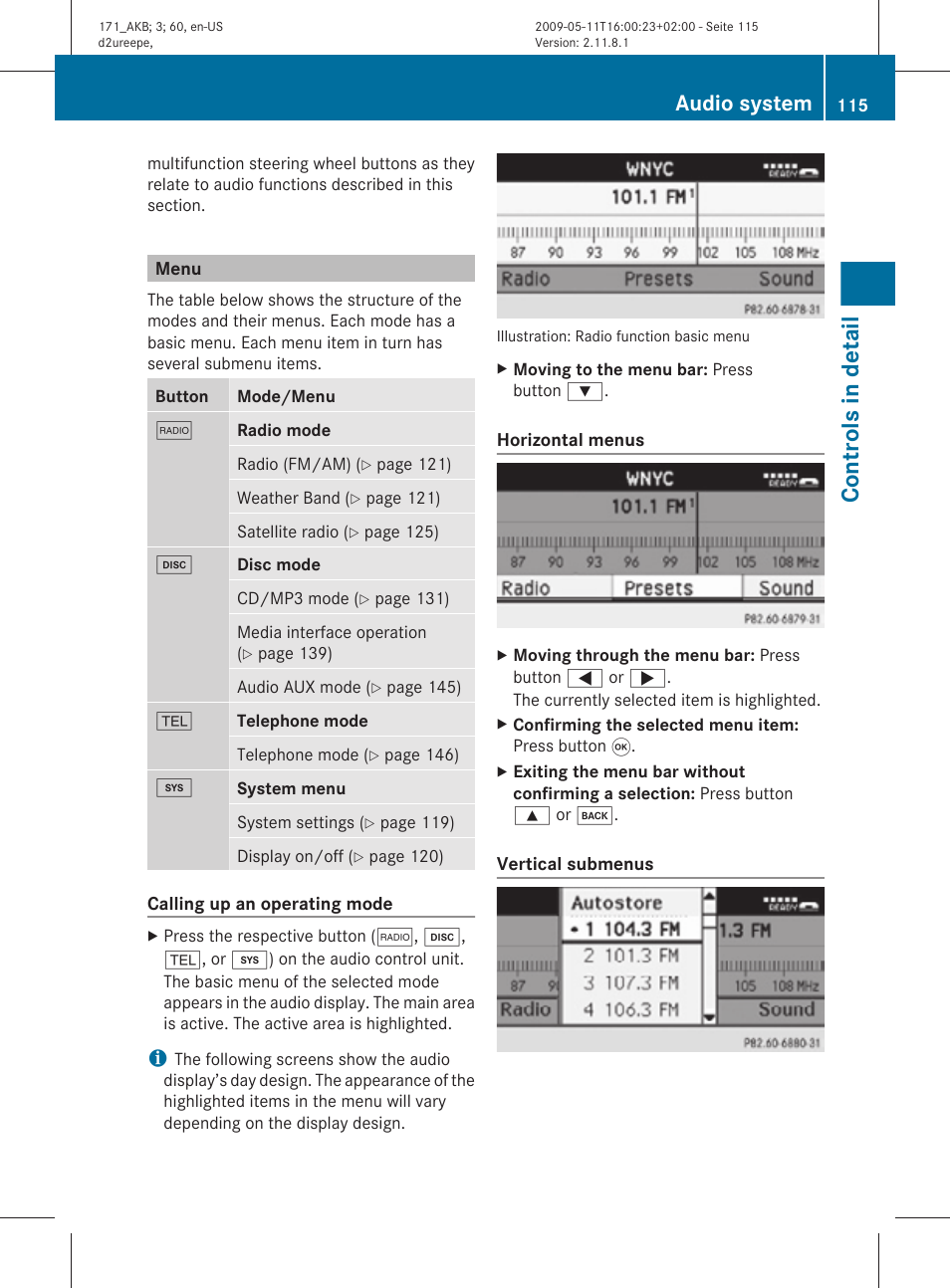 Menu, Controls in detail, Audio system | Mercedes-Benz SLK-Class 2011 Owners Manual User Manual | Page 117 / 312