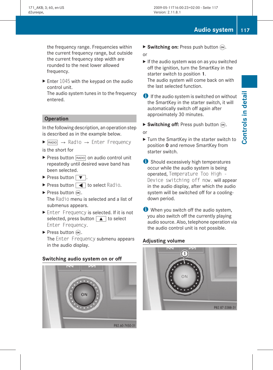 Operation, Switch on the audio system, Adjusting the volume | Controls in detail, Audio system | Mercedes-Benz SLK-Class 2011 Owners Manual User Manual | Page 119 / 312