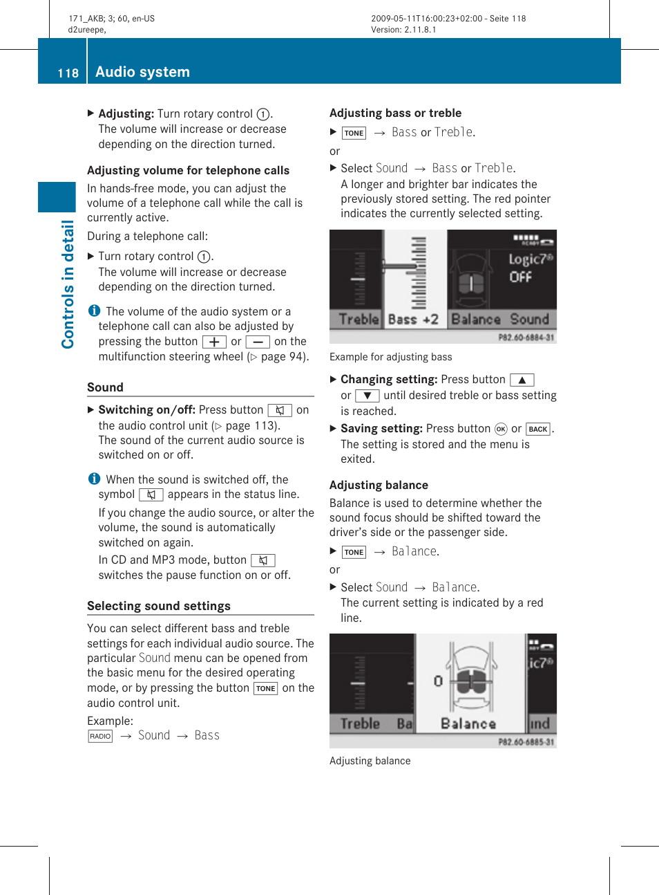 Sound settings, Controls in detail, Audio system | Mercedes-Benz SLK-Class 2011 Owners Manual User Manual | Page 120 / 312