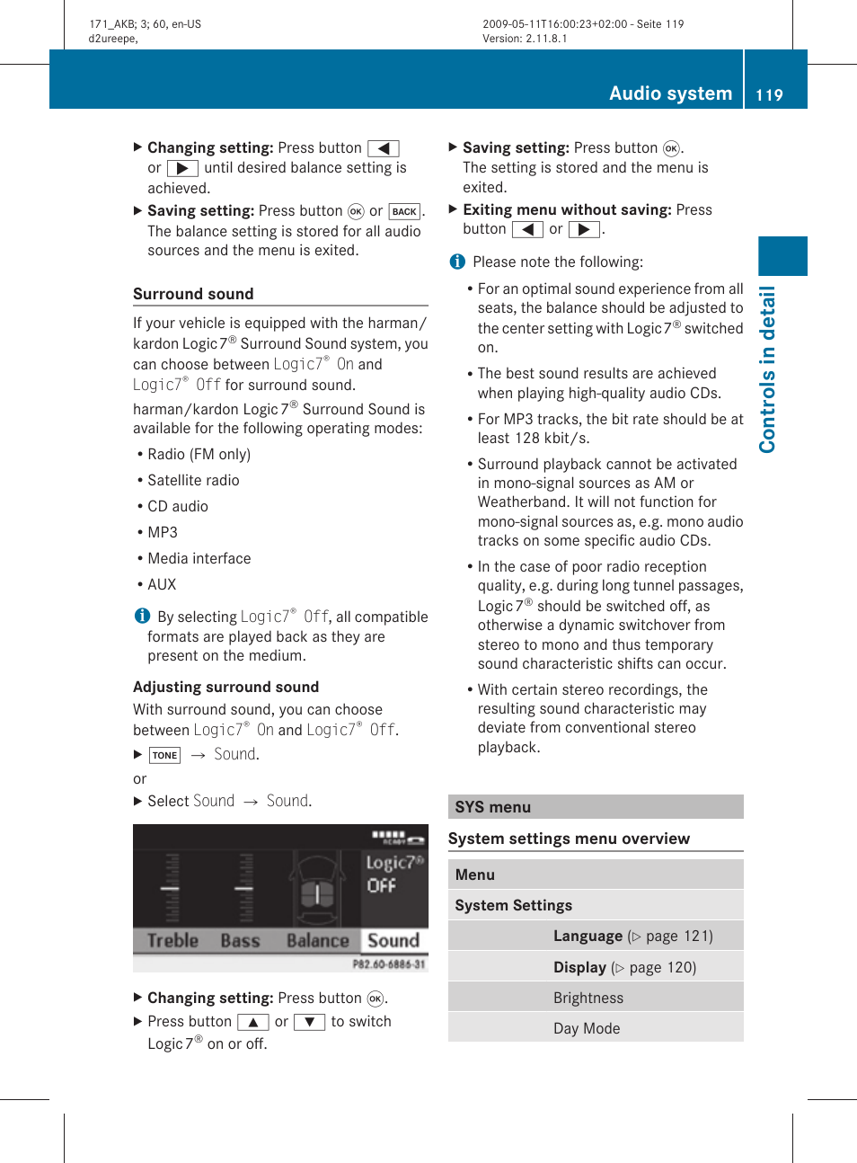 Sys menu, Controls in detail, Audio system | Mercedes-Benz SLK-Class 2011 Owners Manual User Manual | Page 121 / 312