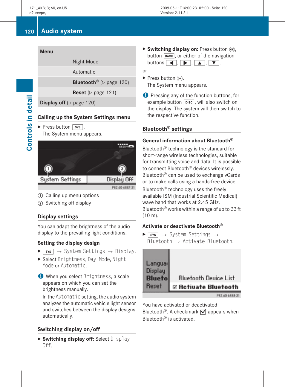 Display on/off, Controls in detail, Audio system | Mercedes-Benz SLK-Class 2011 Owners Manual User Manual | Page 122 / 312