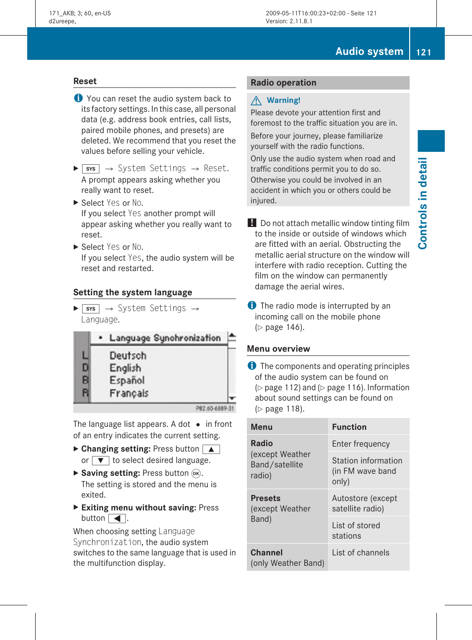 Radio operation, Weather band, Controls in detail | Audio system | Mercedes-Benz SLK-Class 2011 Owners Manual User Manual | Page 123 / 312