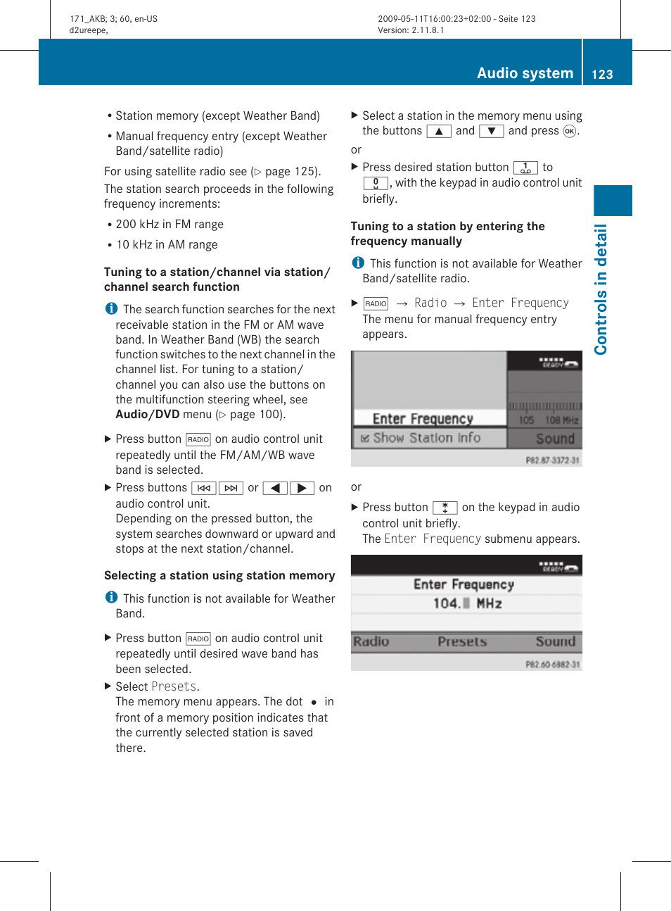 Memory, Controls in detail, Audio system | Mercedes-Benz SLK-Class 2011 Owners Manual User Manual | Page 125 / 312