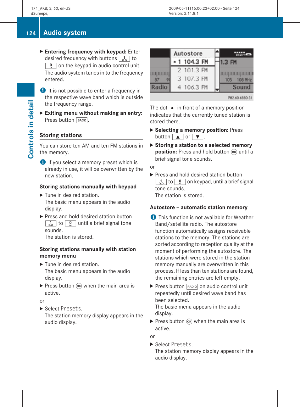 Controls in detail, Audio system | Mercedes-Benz SLK-Class 2011 Owners Manual User Manual | Page 126 / 312