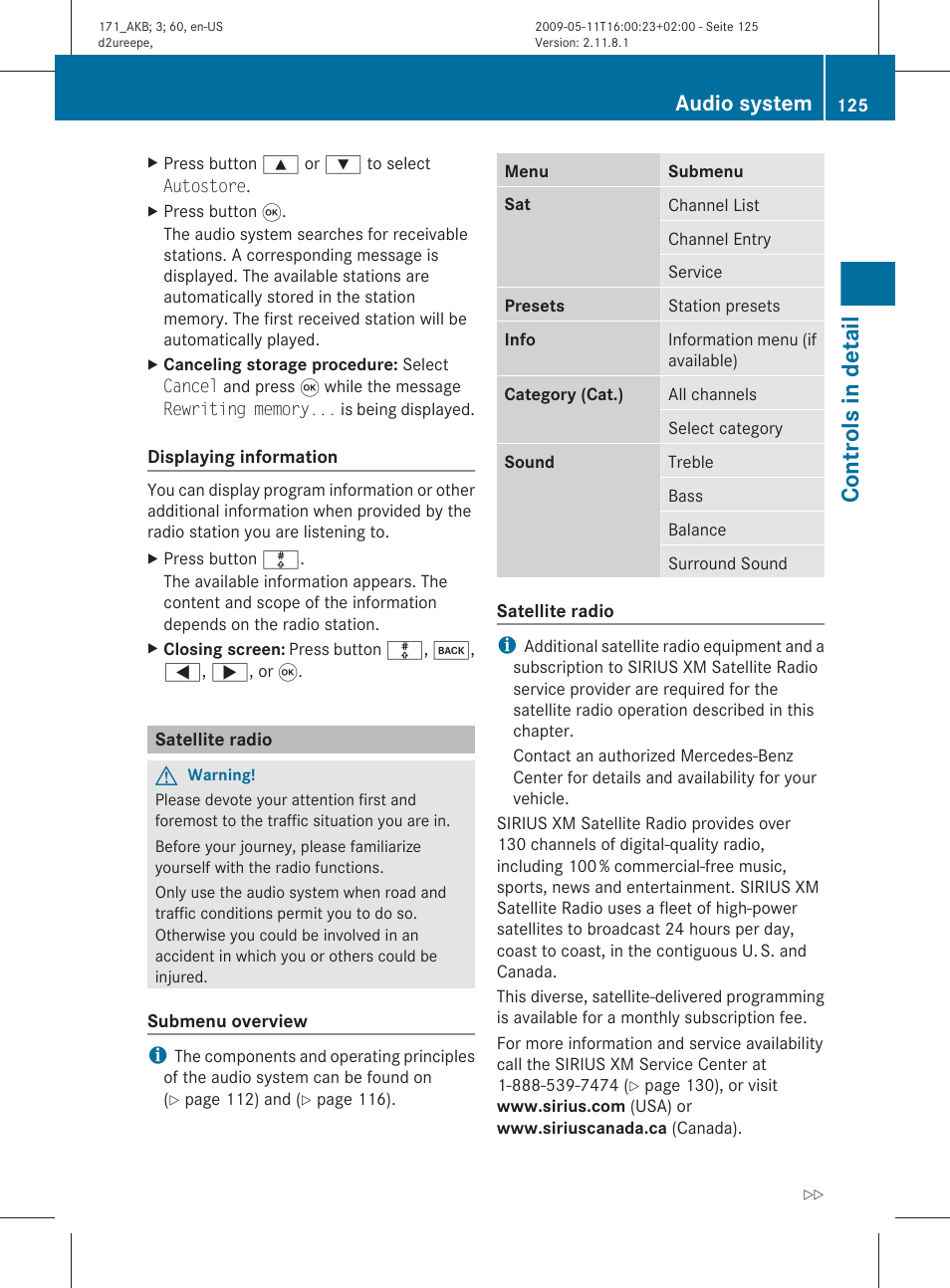 Satellite radio, For using satellite radio see, Controls in detail | Audio system | Mercedes-Benz SLK-Class 2011 Owners Manual User Manual | Page 127 / 312