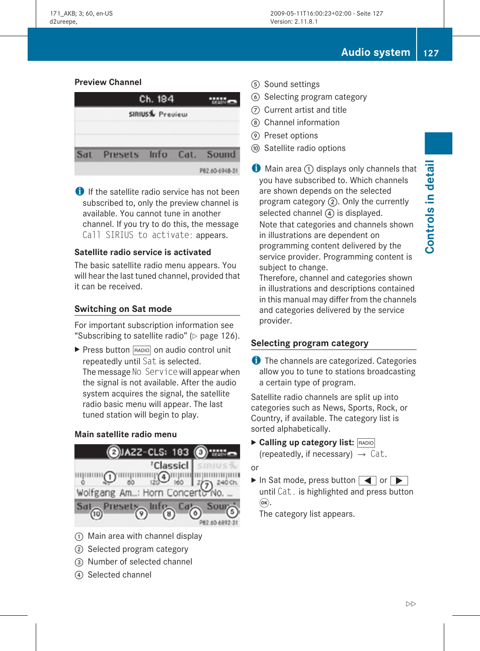 Controls in detail, Audio system | Mercedes-Benz SLK-Class 2011 Owners Manual User Manual | Page 129 / 312