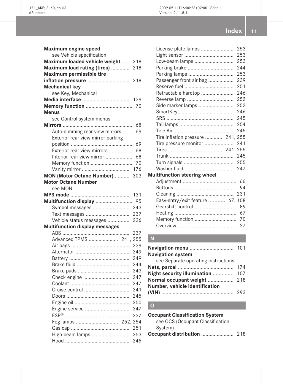 Index | Mercedes-Benz SLK-Class 2011 Owners Manual User Manual | Page 13 / 312