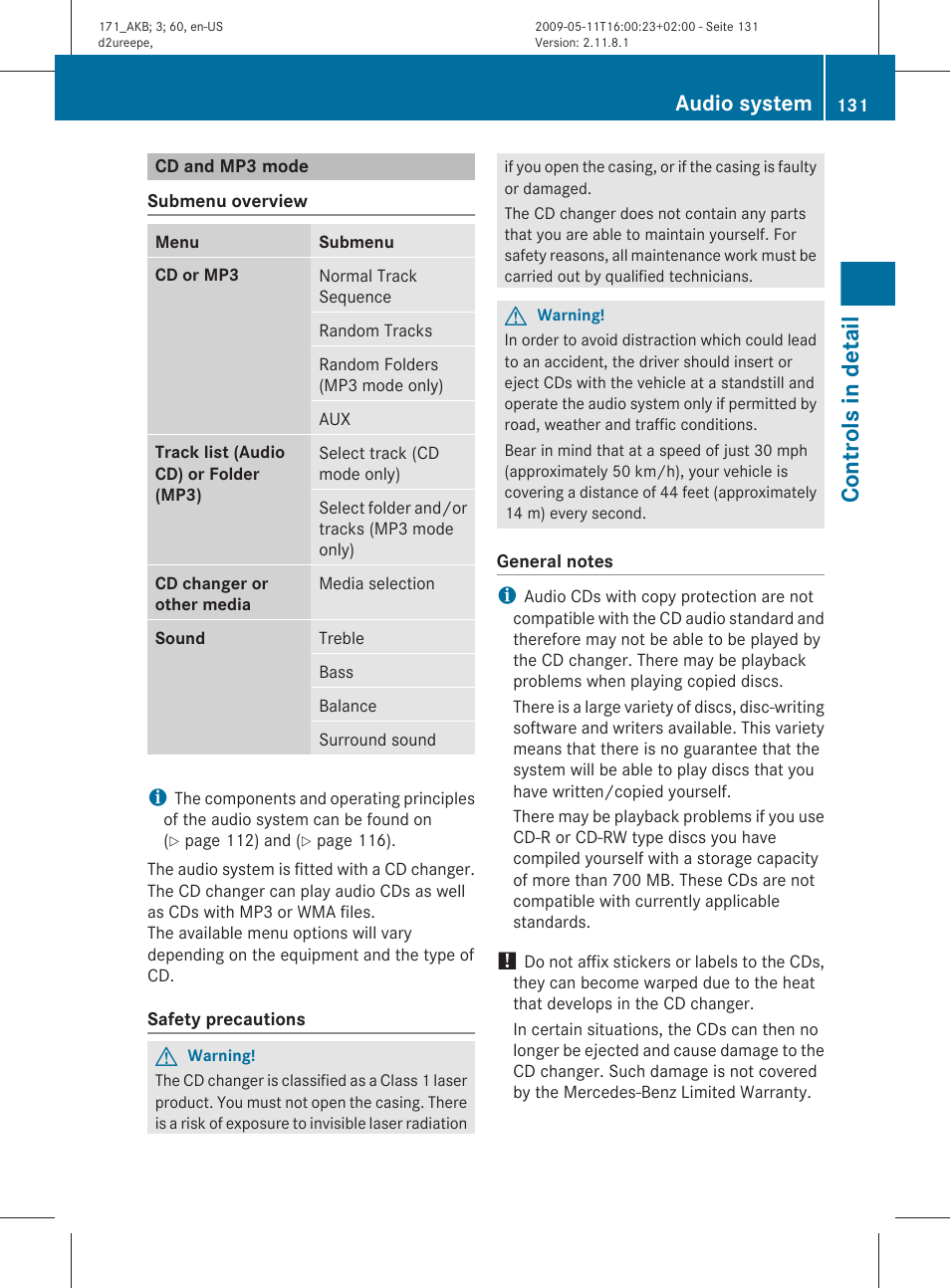 Cd and mp3 mode, Audio device, Cd/mp3 mode | Controls in detail, Audio system | Mercedes-Benz SLK-Class 2011 Owners Manual User Manual | Page 133 / 312