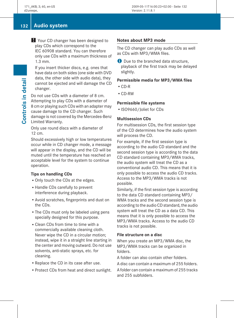 Controls in detail, Audio system | Mercedes-Benz SLK-Class 2011 Owners Manual User Manual | Page 134 / 312