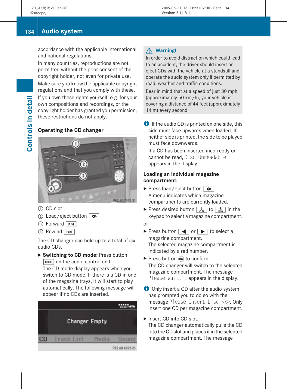 Controls in detail, Audio system | Mercedes-Benz SLK-Class 2011 Owners Manual User Manual | Page 136 / 312