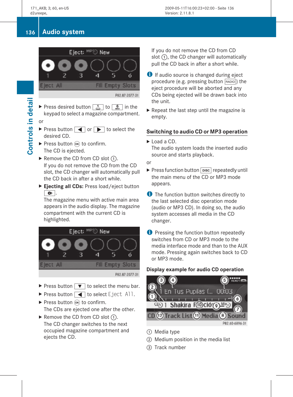 Controls in detail, Audio system | Mercedes-Benz SLK-Class 2011 Owners Manual User Manual | Page 138 / 312