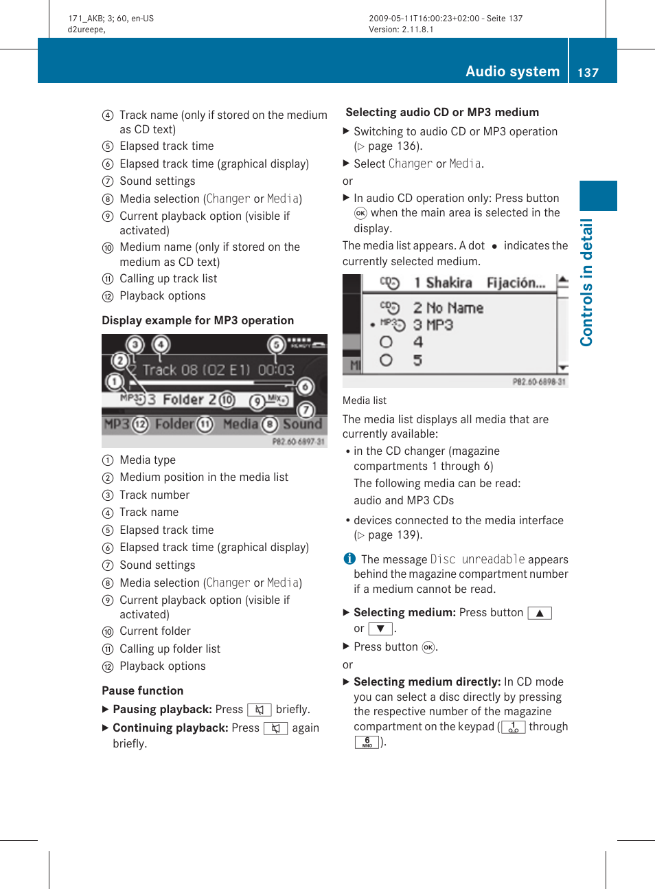 Controls in detail, Audio system | Mercedes-Benz SLK-Class 2011 Owners Manual User Manual | Page 139 / 312