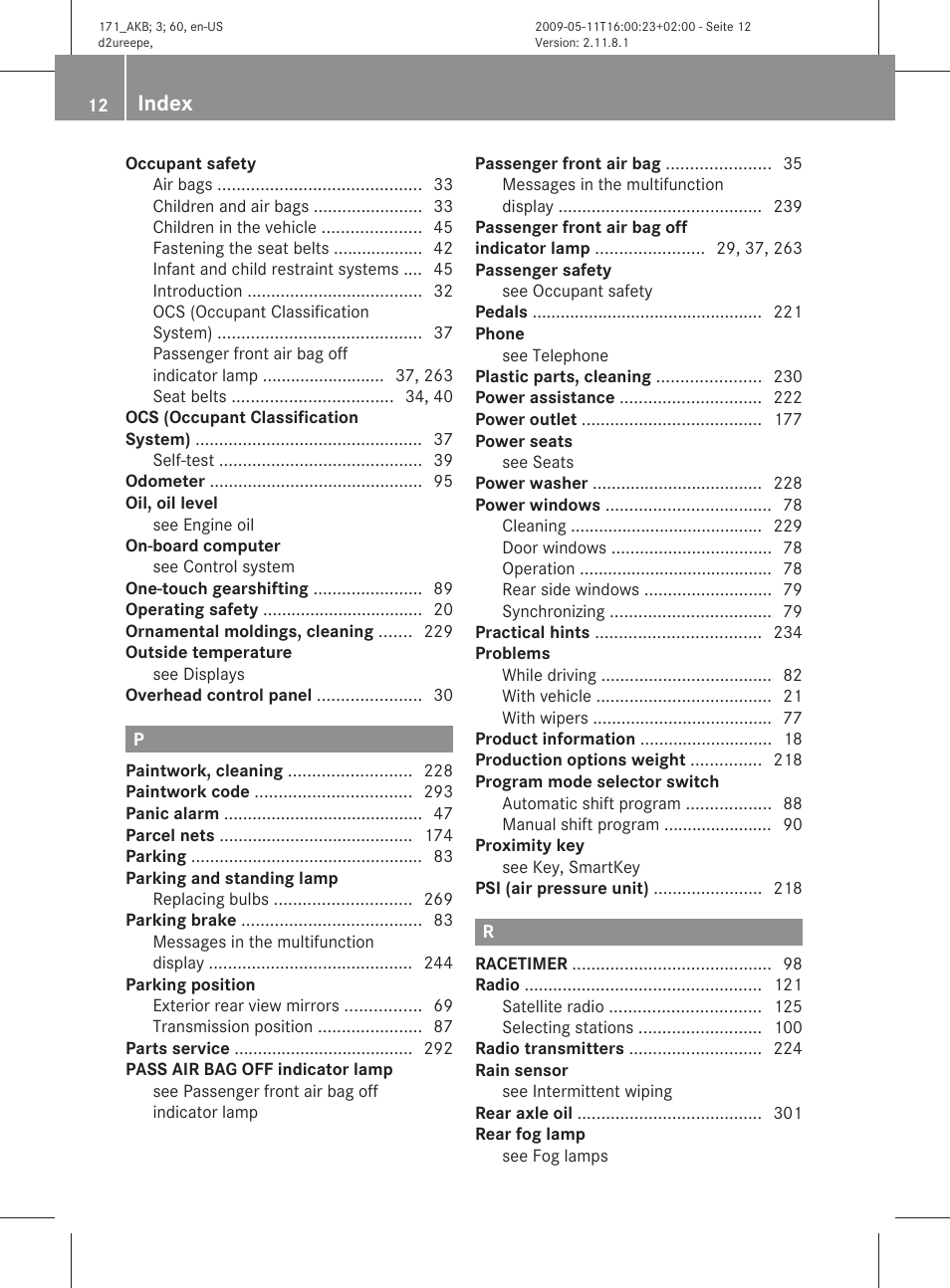 Index | Mercedes-Benz SLK-Class 2011 Owners Manual User Manual | Page 14 / 312