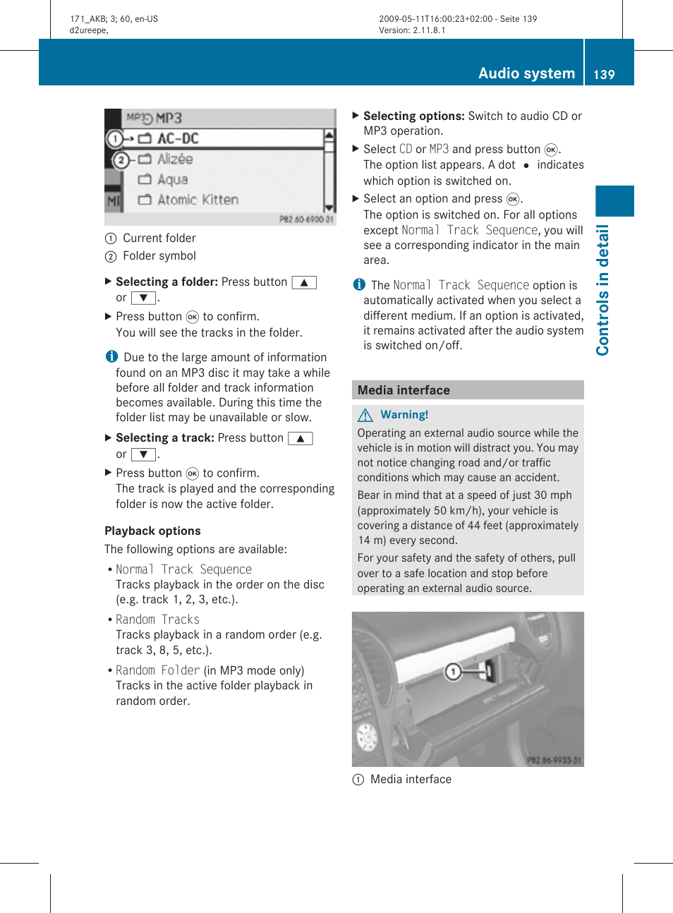 Media interface, Mode, Controls in detail | Audio system | Mercedes-Benz SLK-Class 2011 Owners Manual User Manual | Page 141 / 312