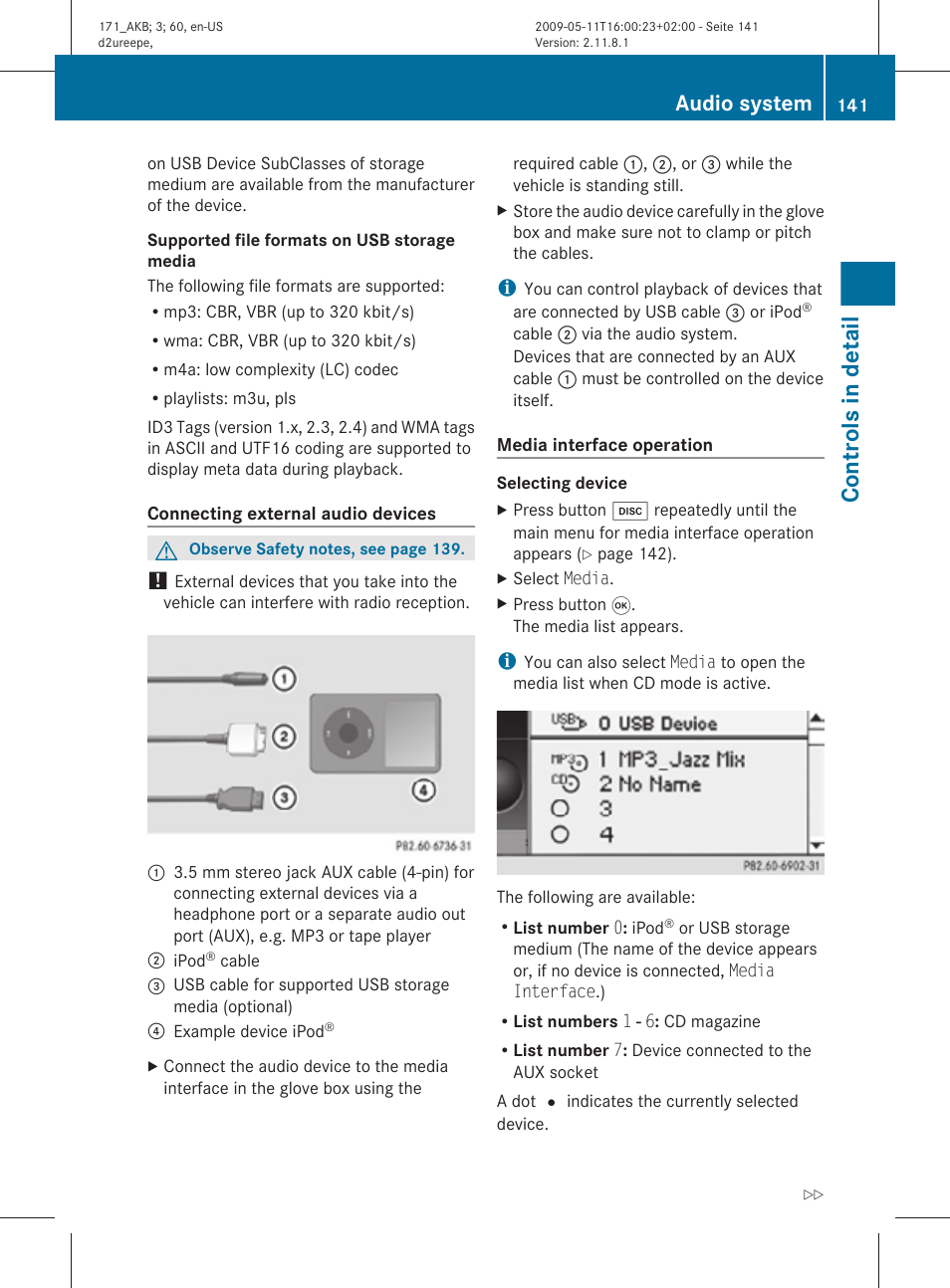 Controls in detail, Audio system | Mercedes-Benz SLK-Class 2011 Owners Manual User Manual | Page 143 / 312