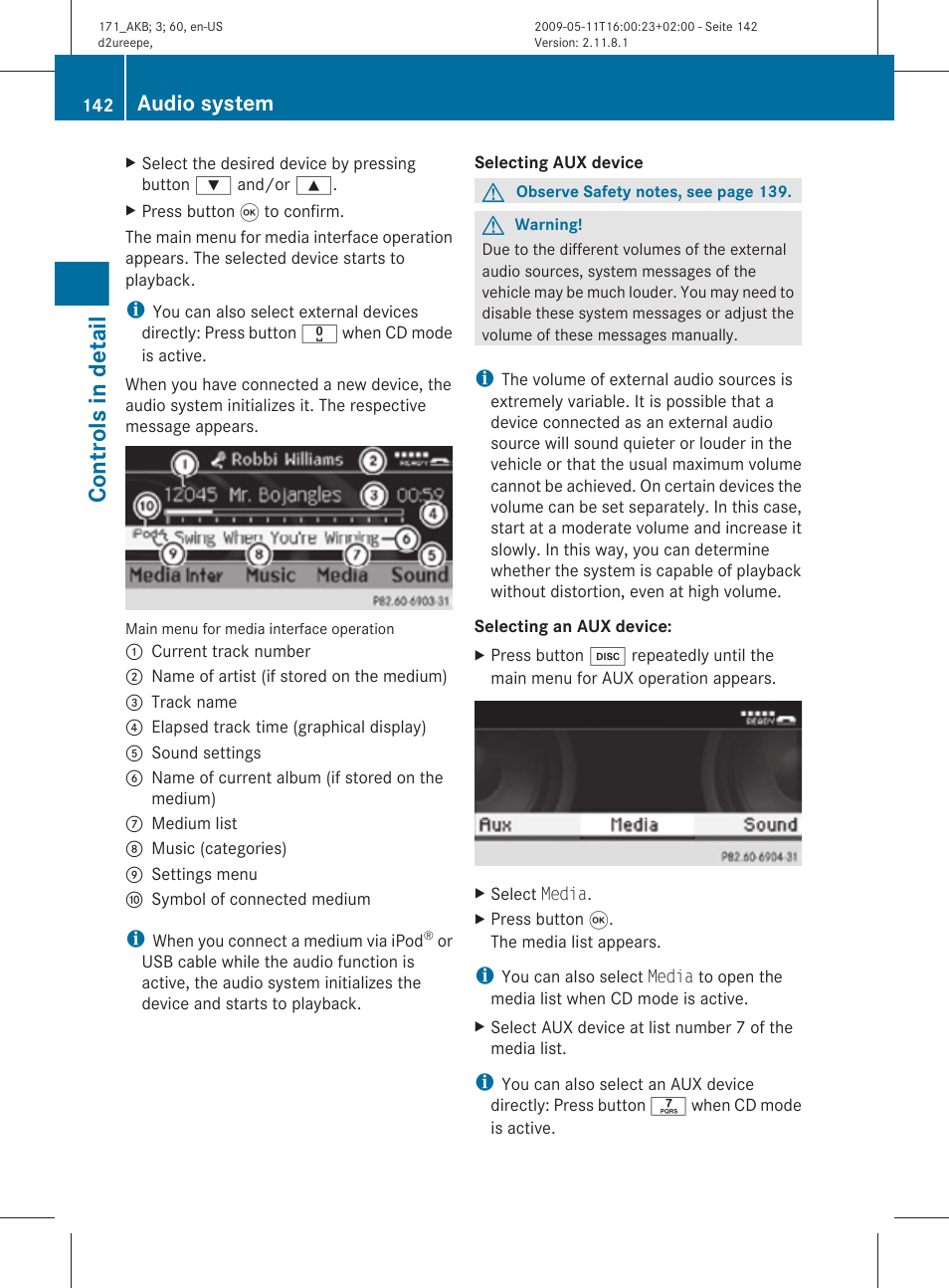 Appears, Controls in detail, Audio system | Mercedes-Benz SLK-Class 2011 Owners Manual User Manual | Page 144 / 312