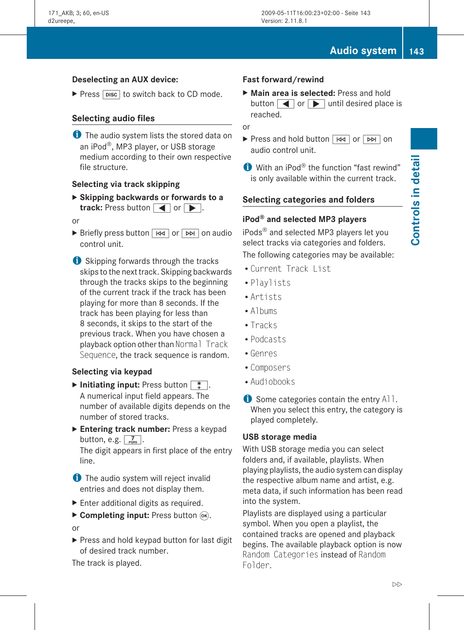 Controls in detail, Audio system | Mercedes-Benz SLK-Class 2011 Owners Manual User Manual | Page 145 / 312