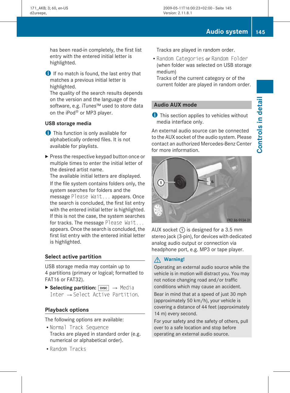 Audio aux mode, Controls in detail, Audio system | Mercedes-Benz SLK-Class 2011 Owners Manual User Manual | Page 147 / 312