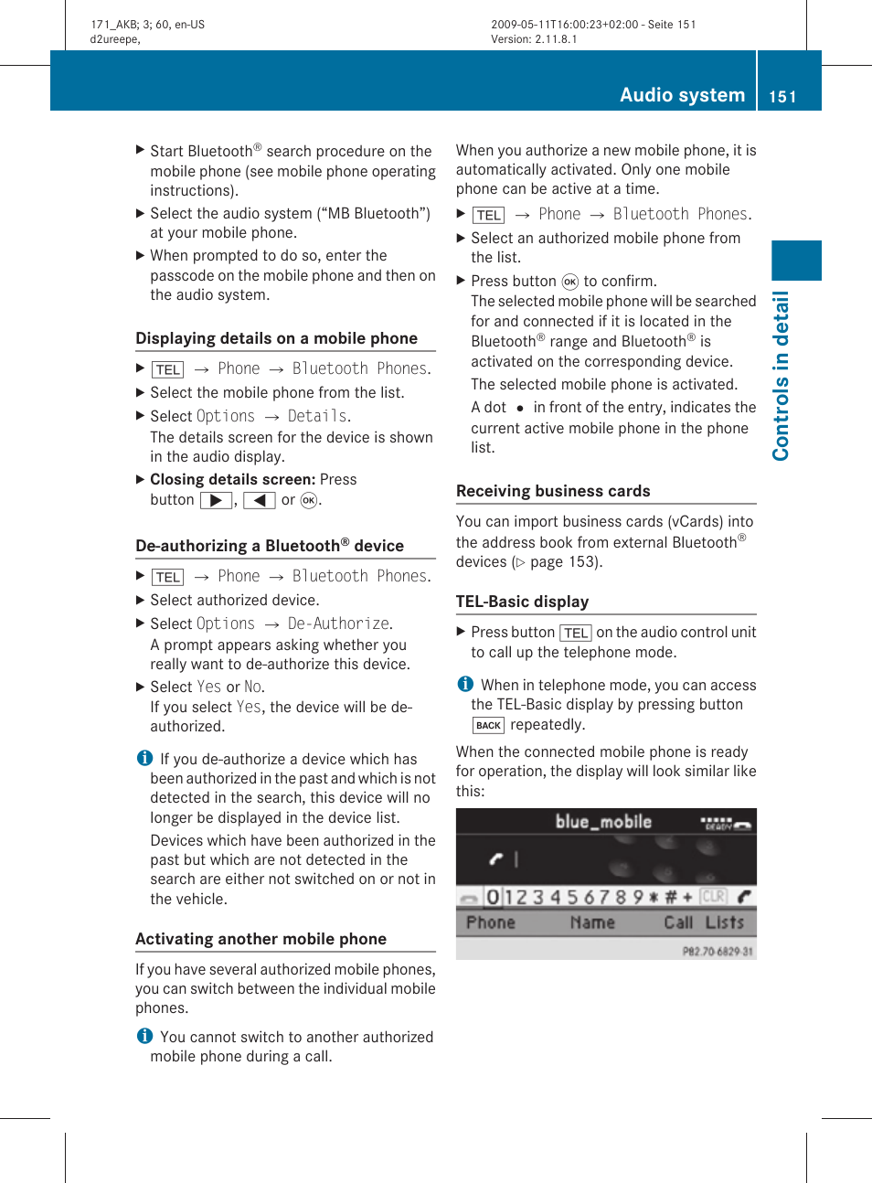 The authorized devices, Controls in detail, Audio system | Mercedes-Benz SLK-Class 2011 Owners Manual User Manual | Page 153 / 312