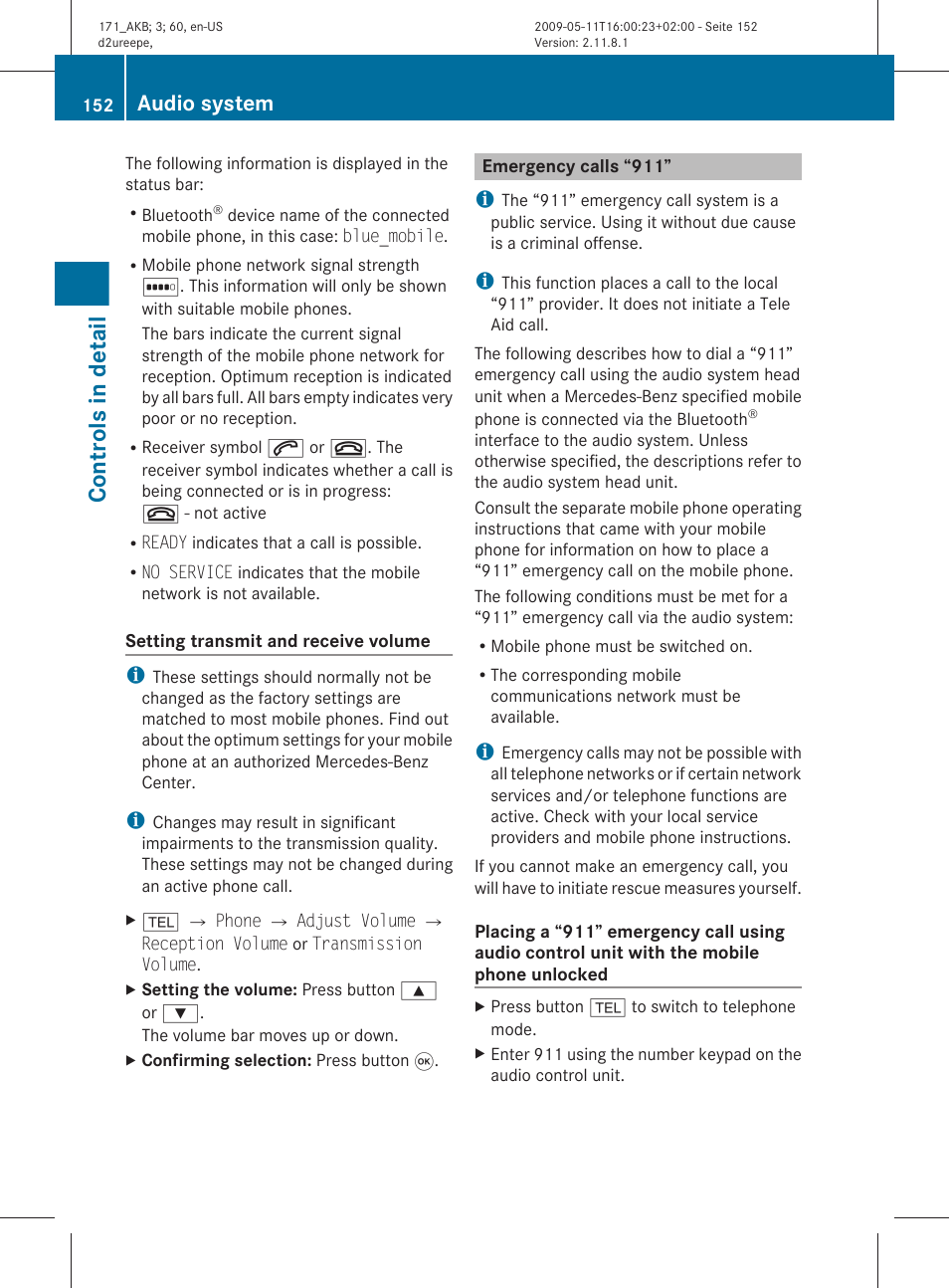 Emergency calls “911, Controls in detail, Audio system | Mercedes-Benz SLK-Class 2011 Owners Manual User Manual | Page 154 / 312