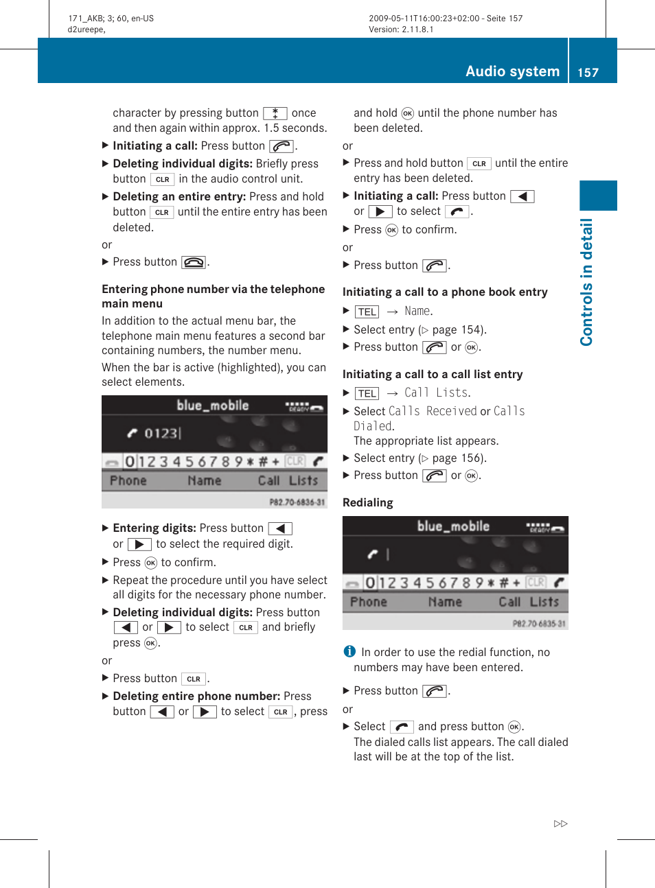 Entire entries, Controls in detail, Audio system | Mercedes-Benz SLK-Class 2011 Owners Manual User Manual | Page 159 / 312