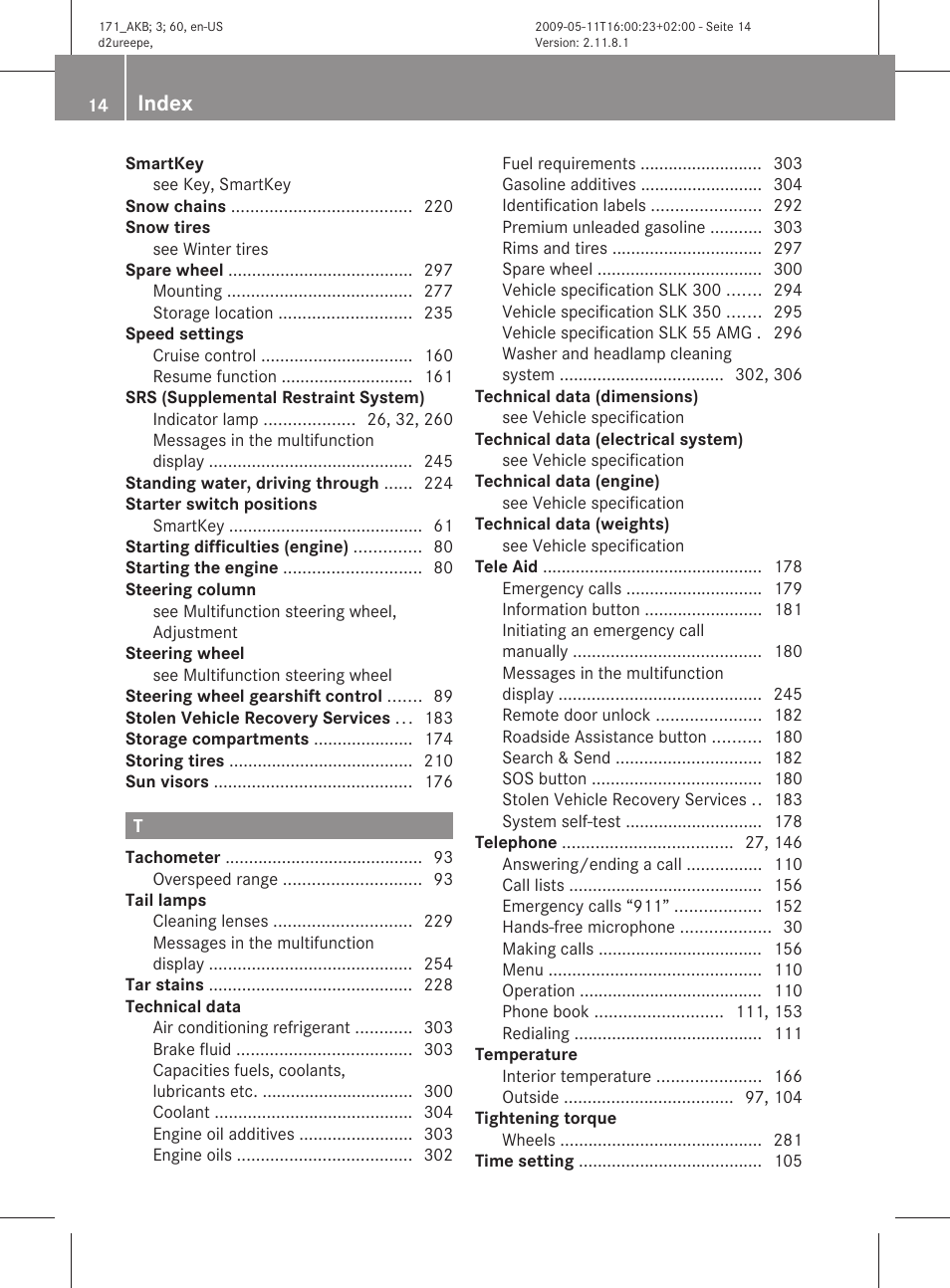 Index | Mercedes-Benz SLK-Class 2011 Owners Manual User Manual | Page 16 / 312