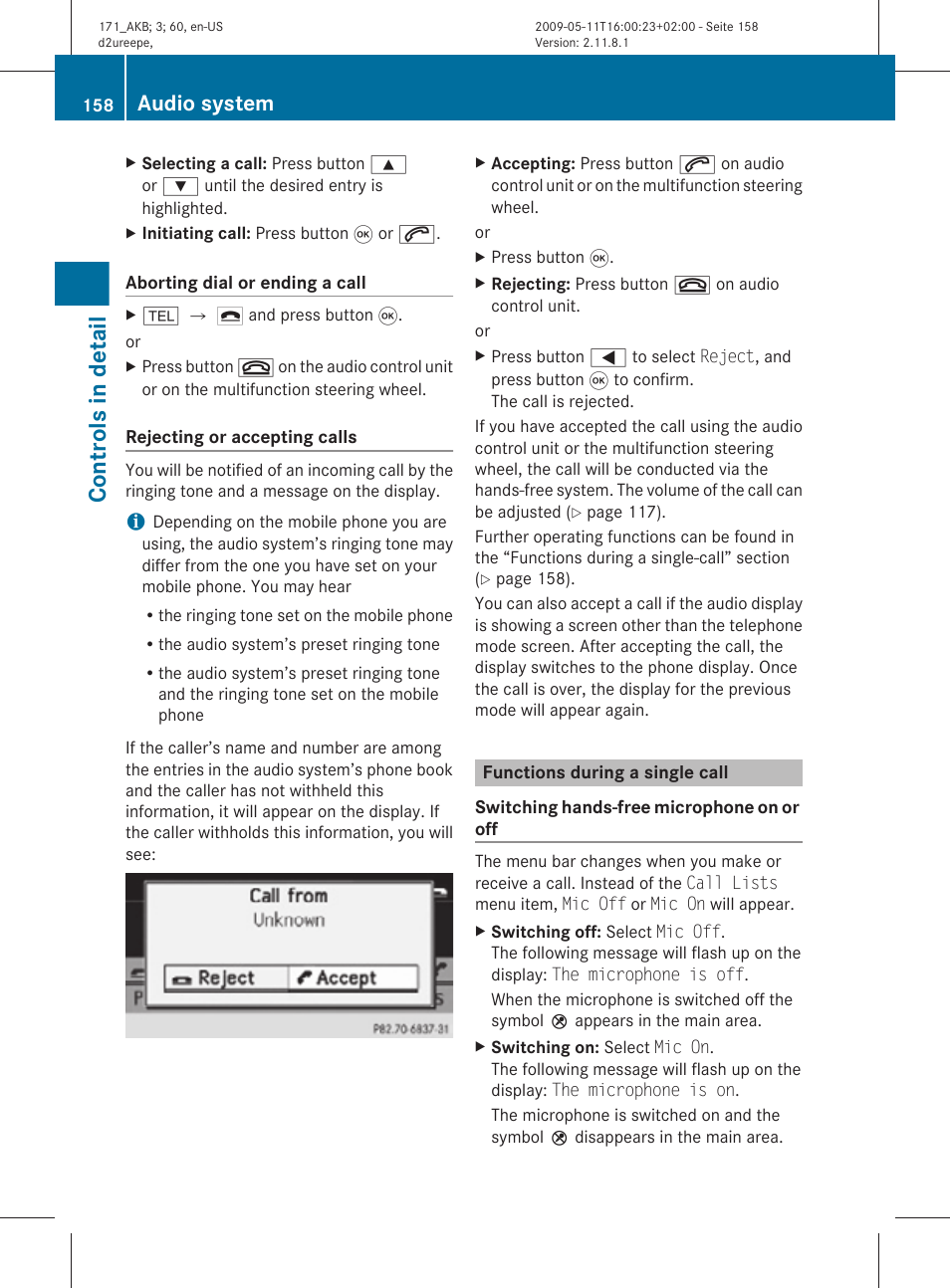 Functions during a single call, Rejecting a call, Ending an active call | Accepting a call, On/off, Controls in detail, Audio system | Mercedes-Benz SLK-Class 2011 Owners Manual User Manual | Page 160 / 312