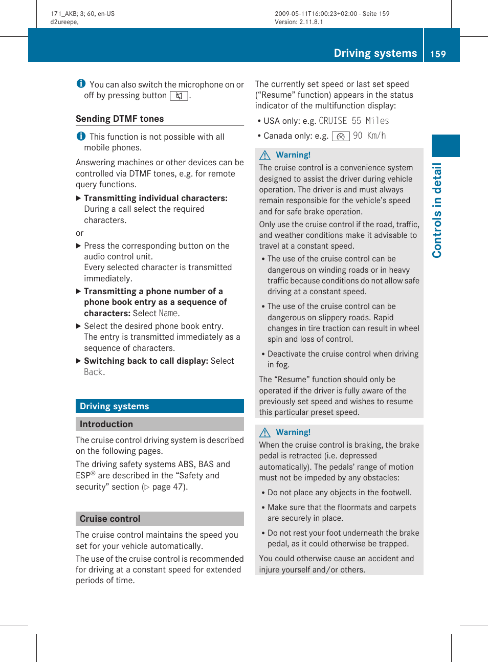 Driving systems, Introduction, Cruise control | Controls in detail | Mercedes-Benz SLK-Class 2011 Owners Manual User Manual | Page 161 / 312