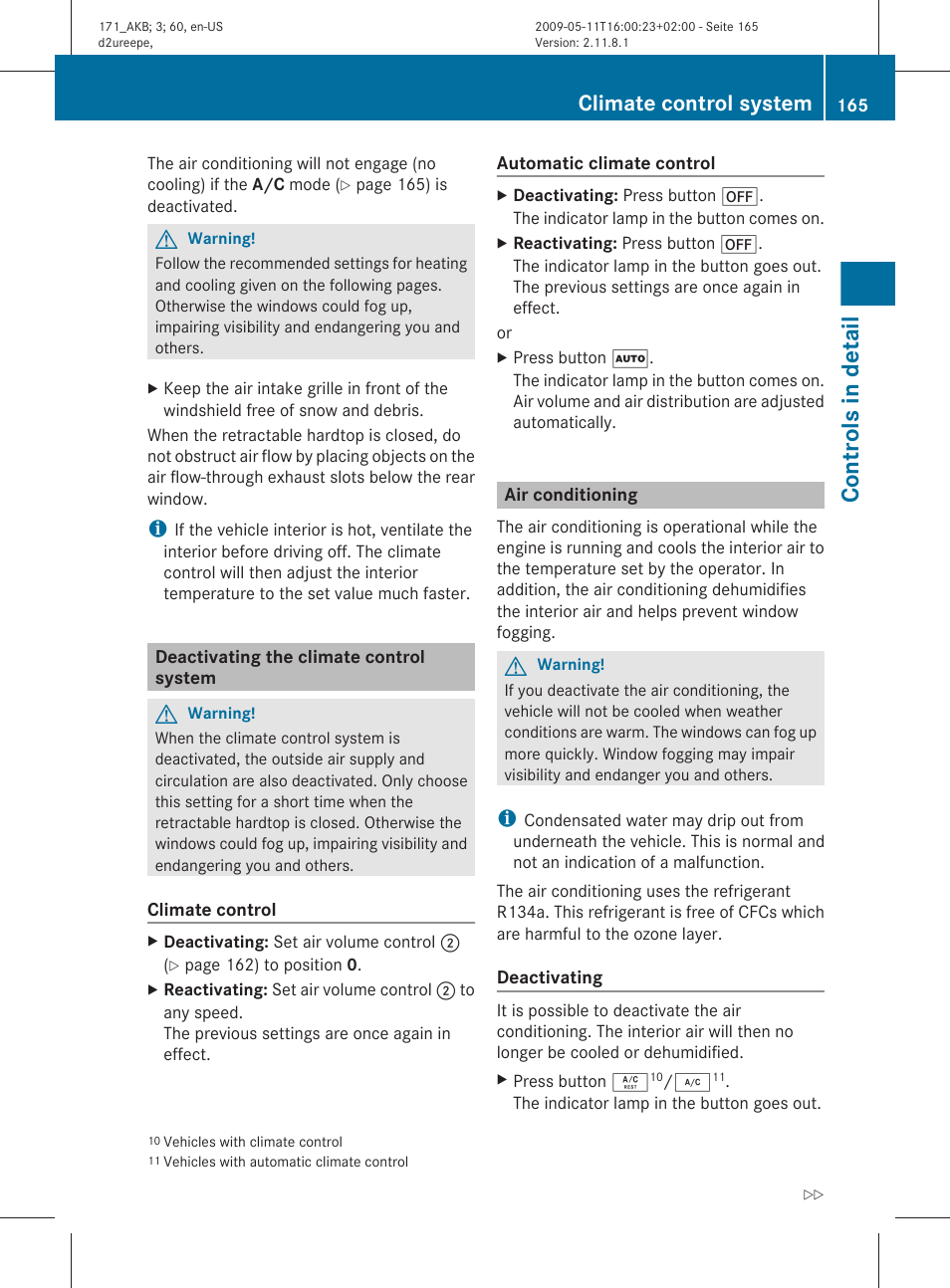 Deactivating the climate control system, Air conditioning, Controls in detail | Climate control system | Mercedes-Benz SLK-Class 2011 Owners Manual User Manual | Page 167 / 312