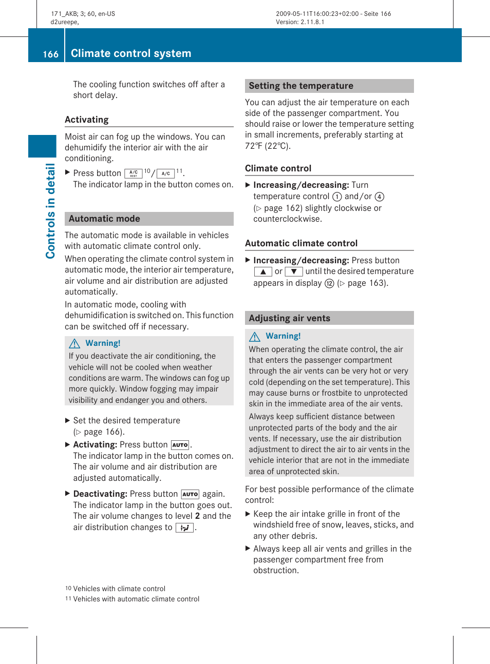 Automatic mode, Setting the temperature, Adjusting air vents | Controls in detail, Climate control system | Mercedes-Benz SLK-Class 2011 Owners Manual User Manual | Page 168 / 312