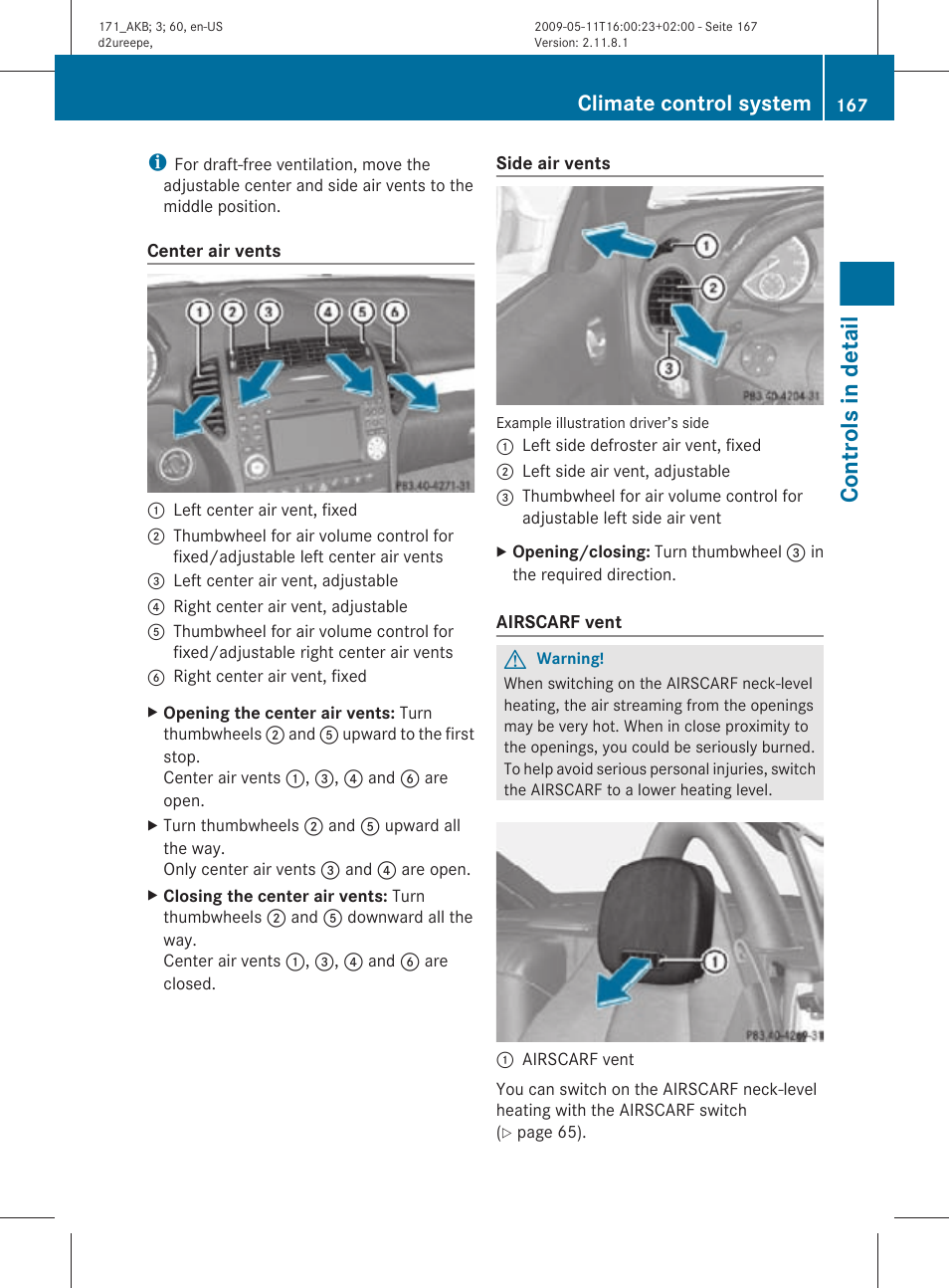 Controls in detail, Climate control system | Mercedes-Benz SLK-Class 2011 Owners Manual User Manual | Page 169 / 312