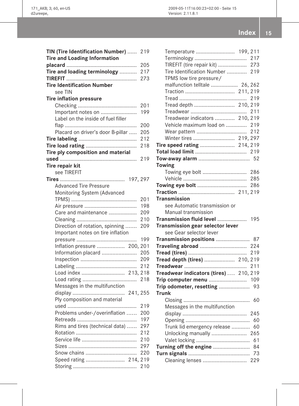 Index | Mercedes-Benz SLK-Class 2011 Owners Manual User Manual | Page 17 / 312