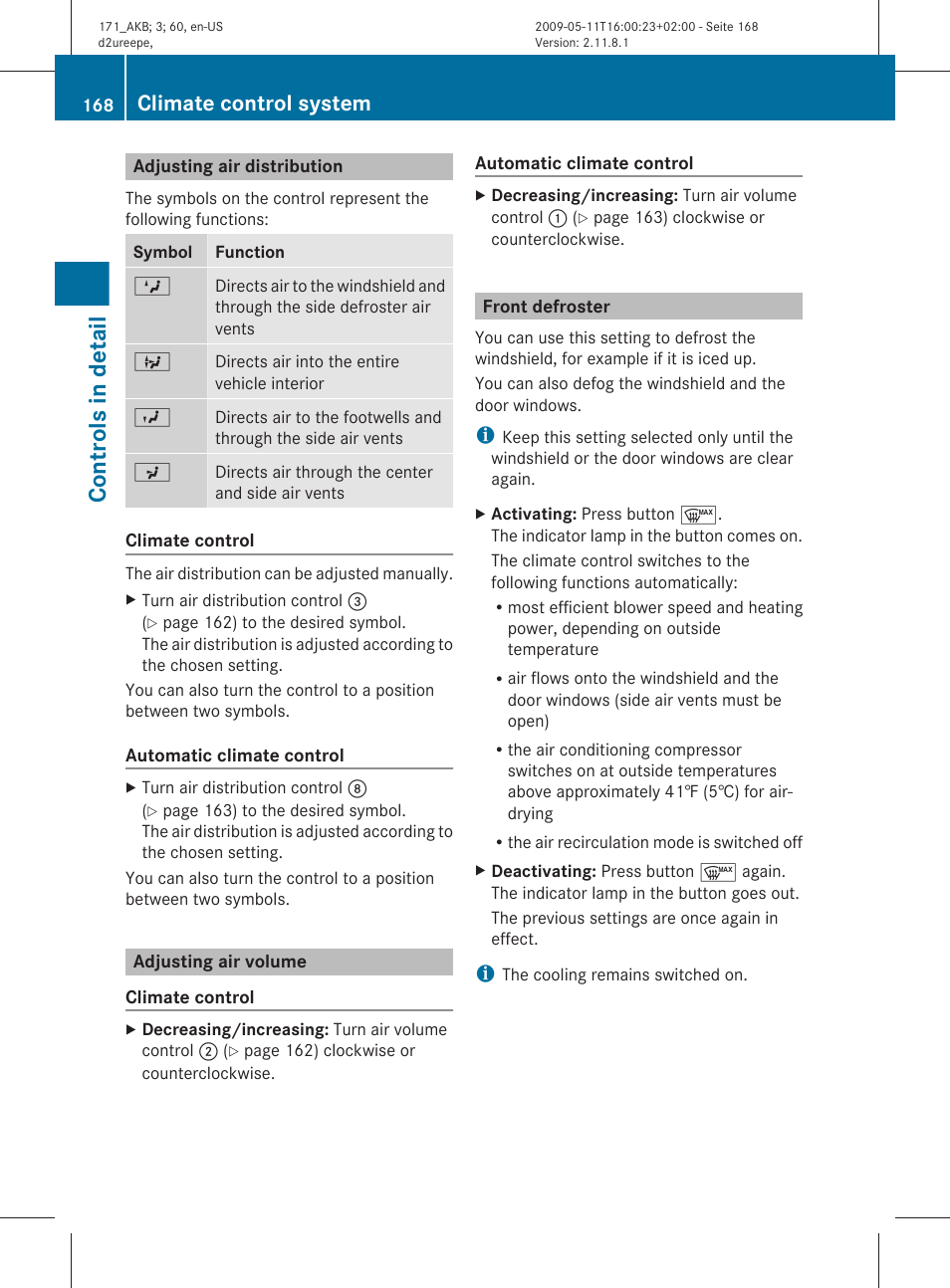 Adjusting air distribution, Adjusting air volume, Front defroster | Controls in detail, Climate control system | Mercedes-Benz SLK-Class 2011 Owners Manual User Manual | Page 170 / 312