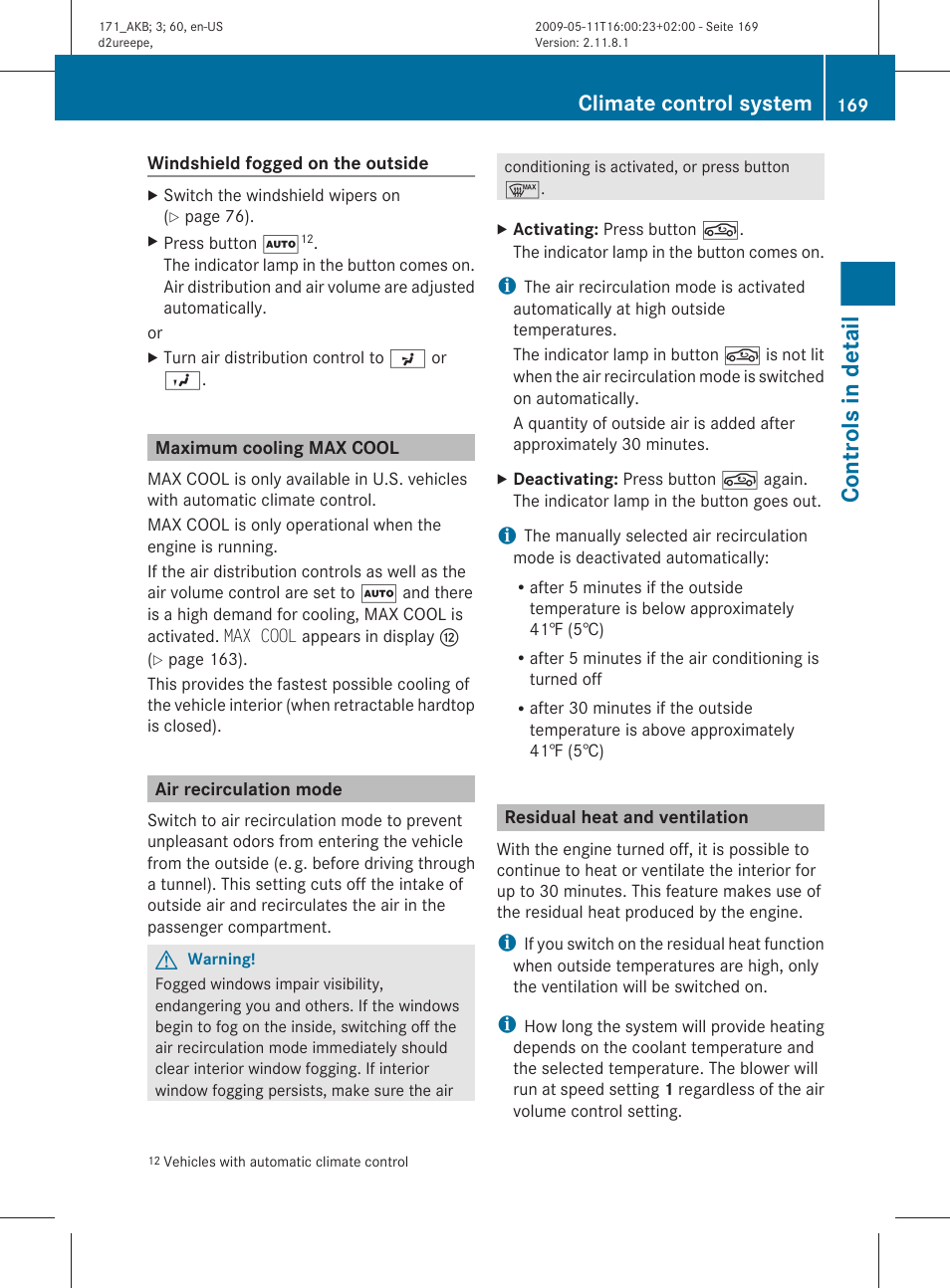 Maximum cooling max cool, Air recirculation mode, Residual heat and ventilation | Controls in detail, Climate control system | Mercedes-Benz SLK-Class 2011 Owners Manual User Manual | Page 171 / 312