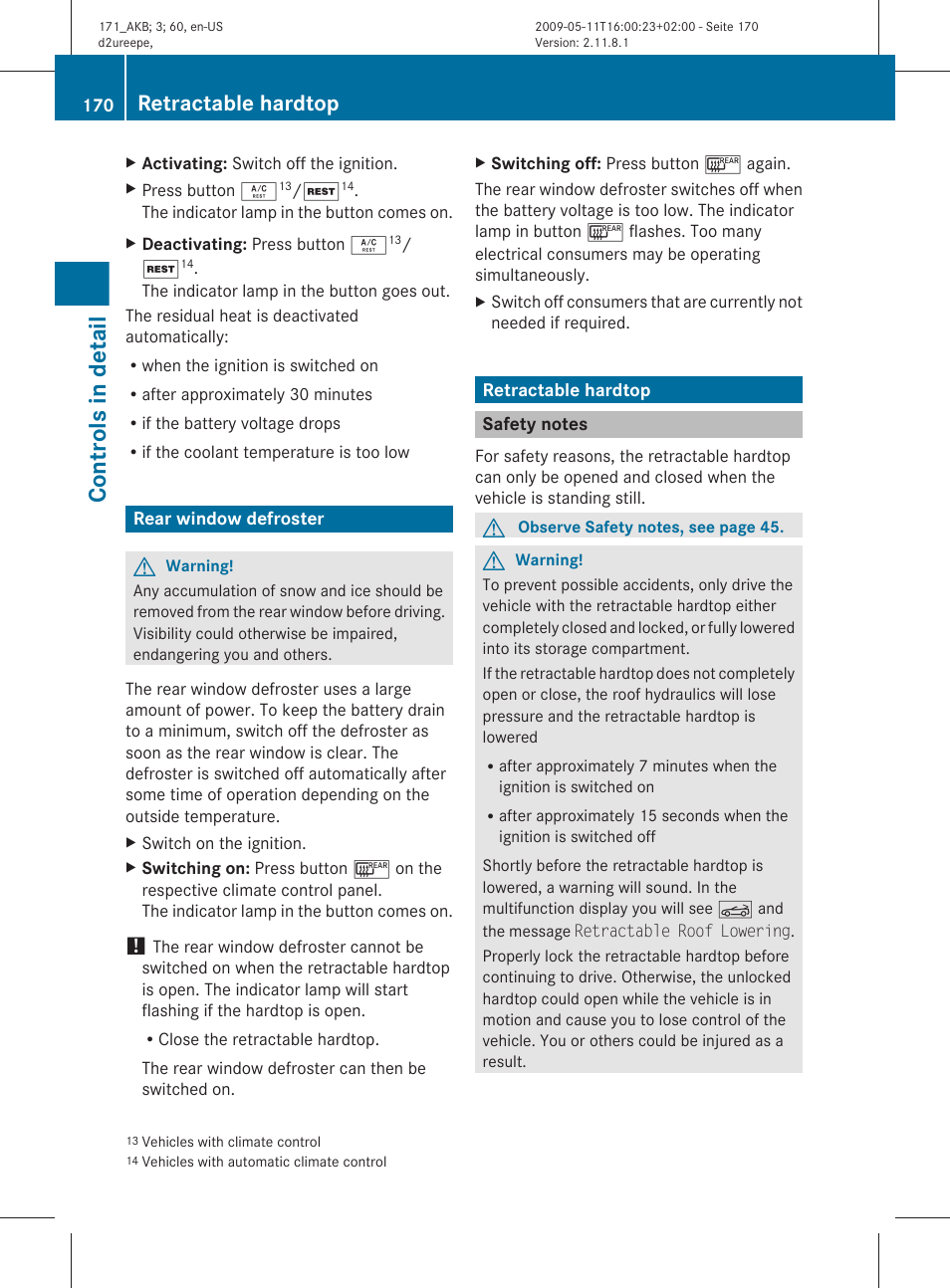 Rear window defroster, Retractable hardtop, Safety notes | Trunk can be closed, Controls in detail | Mercedes-Benz SLK-Class 2011 Owners Manual User Manual | Page 172 / 312