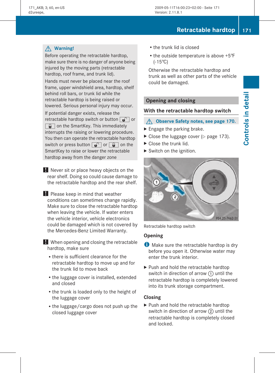 Opening and closing, Controls in detail, Retractable hardtop | Mercedes-Benz SLK-Class 2011 Owners Manual User Manual | Page 173 / 312