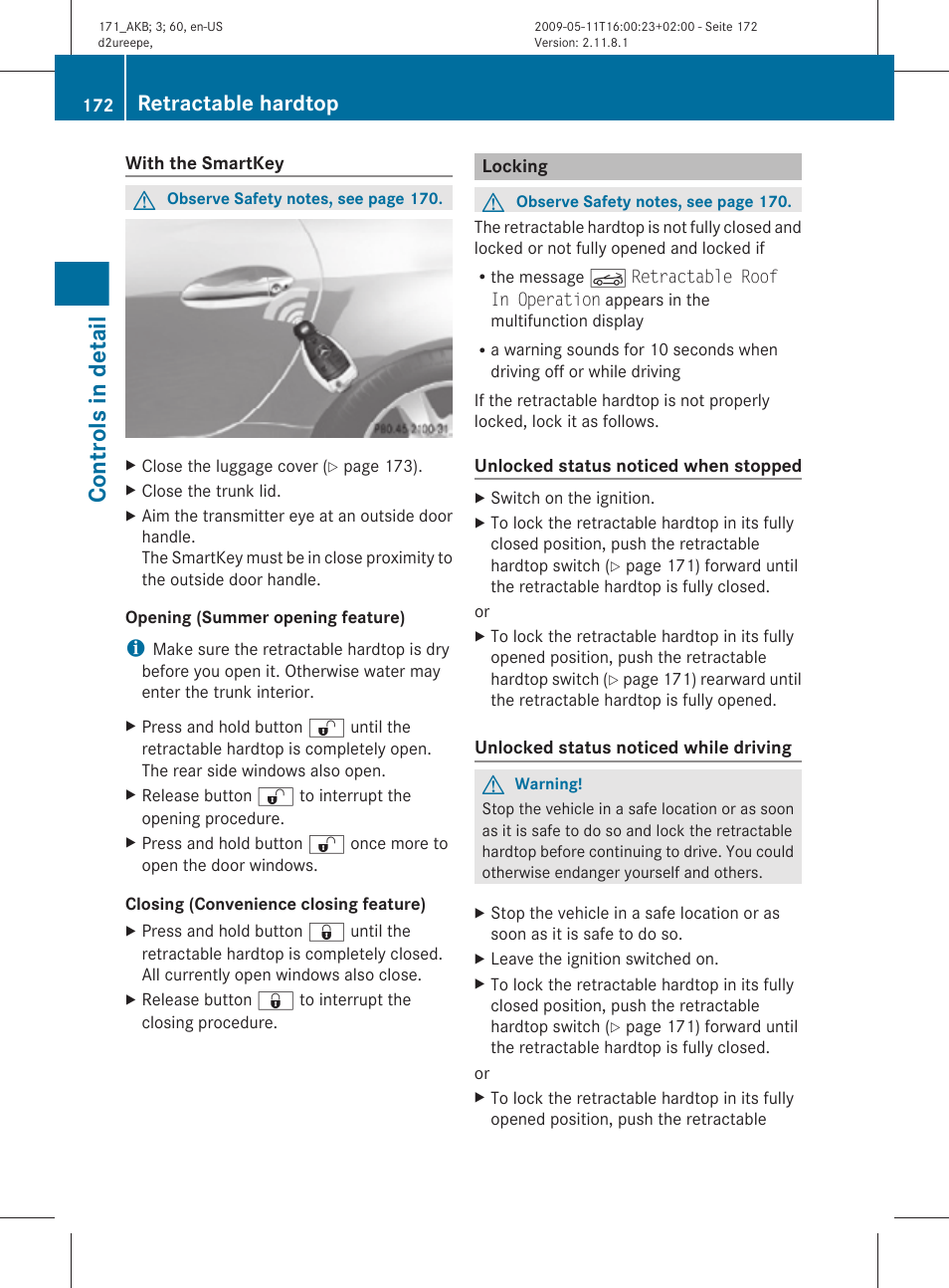 Locking, Feature, Closing feature | Controls in detail, Retractable hardtop | Mercedes-Benz SLK-Class 2011 Owners Manual User Manual | Page 174 / 312