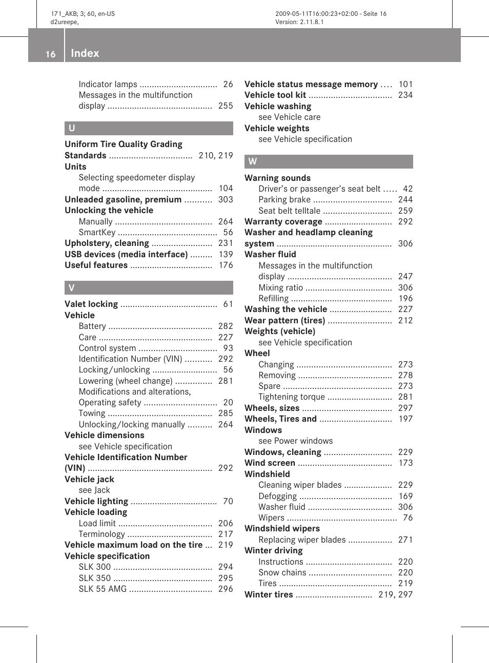 Index | Mercedes-Benz SLK-Class 2011 Owners Manual User Manual | Page 18 / 312