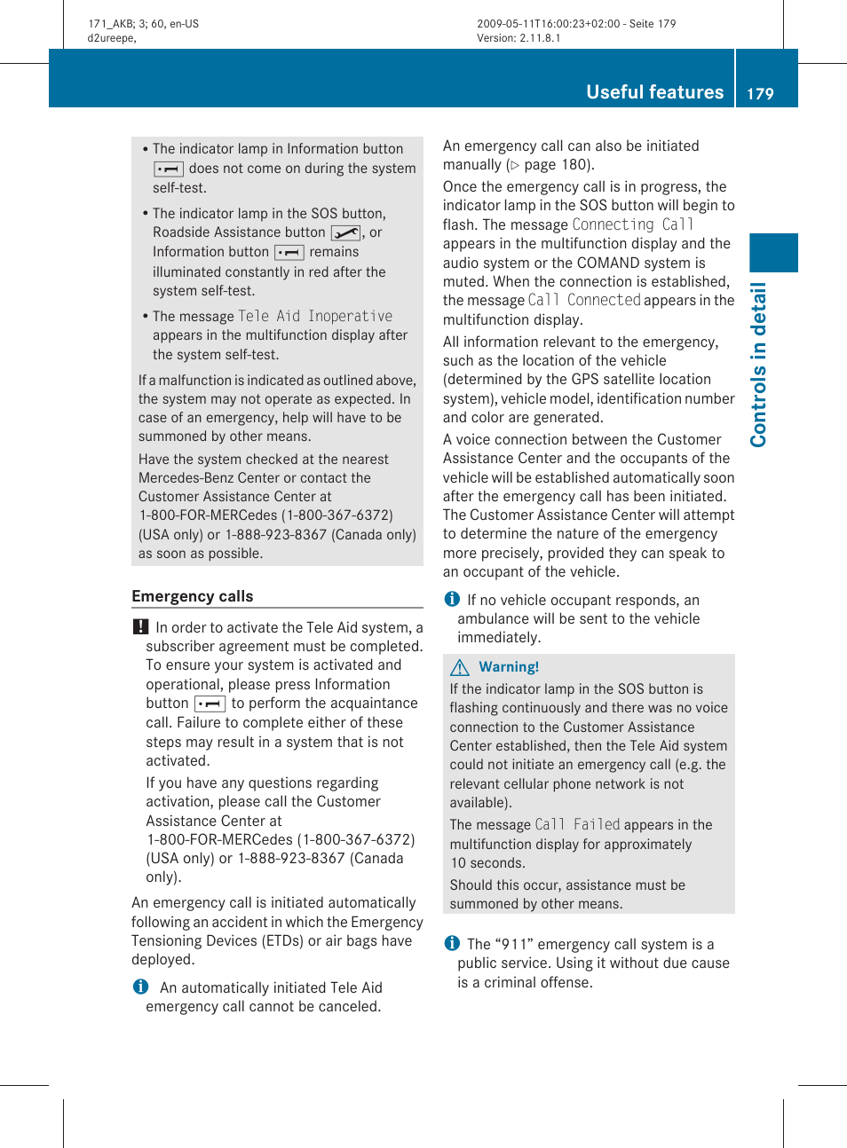 Controls in detail, Useful features | Mercedes-Benz SLK-Class 2011 Owners Manual User Manual | Page 181 / 312