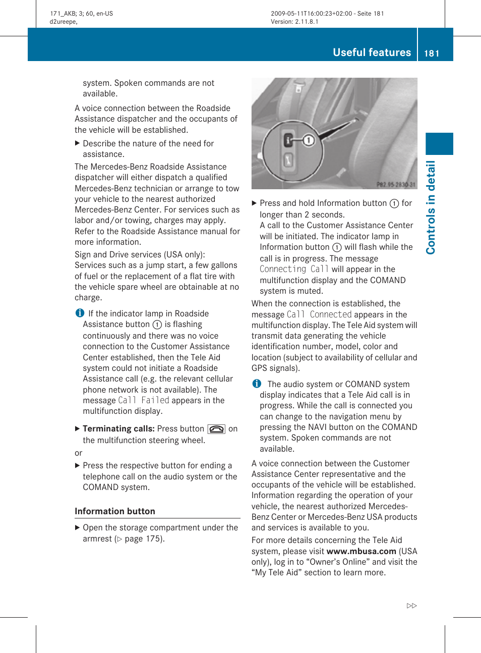 Controls in detail, Useful features | Mercedes-Benz SLK-Class 2011 Owners Manual User Manual | Page 183 / 312