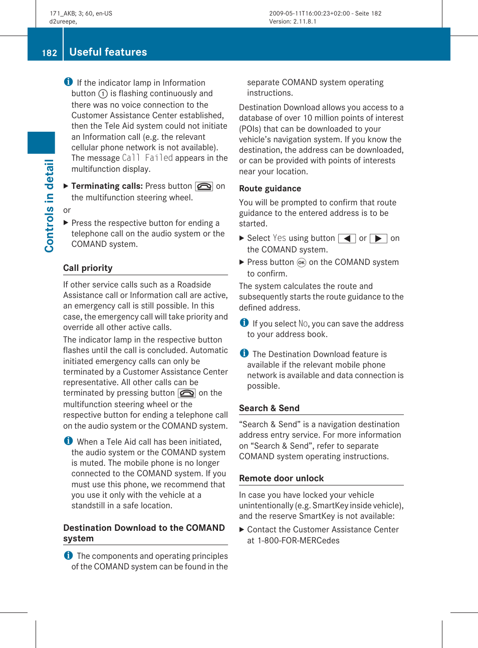 Controls in detail, Useful features | Mercedes-Benz SLK-Class 2011 Owners Manual User Manual | Page 184 / 312