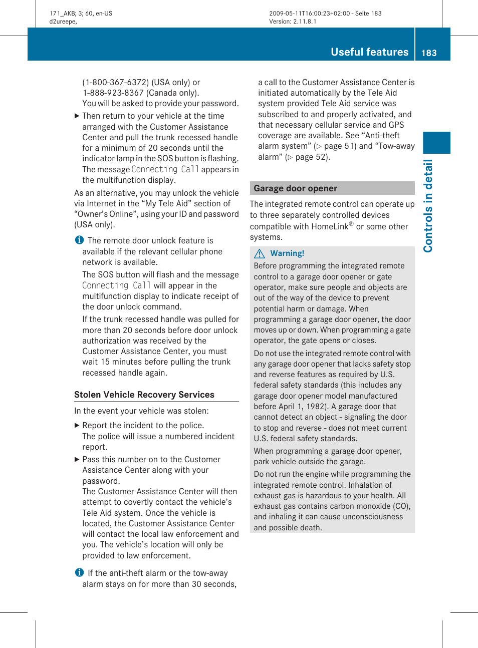 Garage door opener, Controls in detail, Useful features | Mercedes-Benz SLK-Class 2011 Owners Manual User Manual | Page 185 / 312