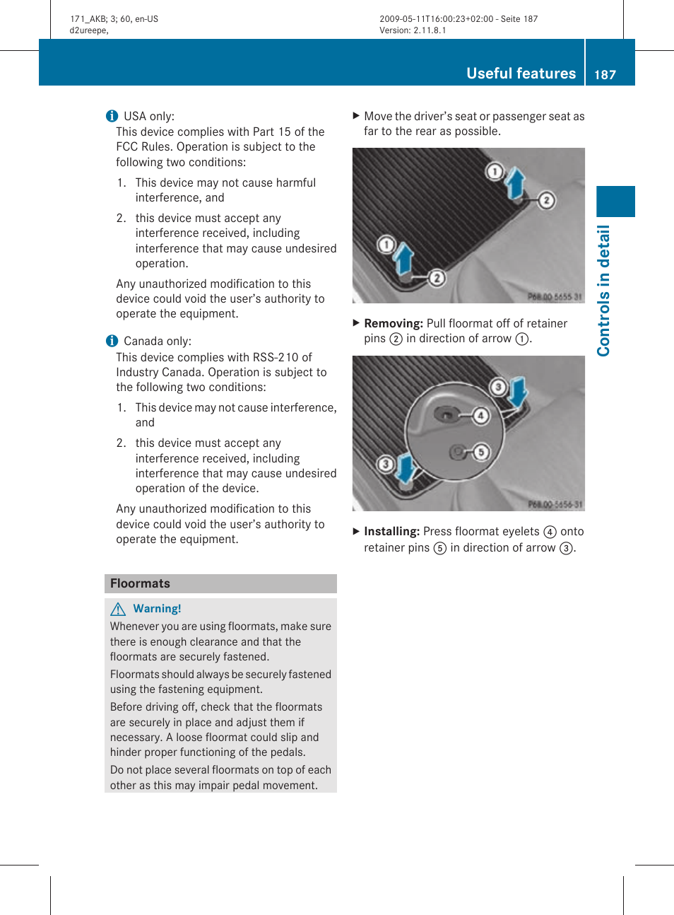 Floormats, Controls in detail, Useful features | Mercedes-Benz SLK-Class 2011 Owners Manual User Manual | Page 189 / 312