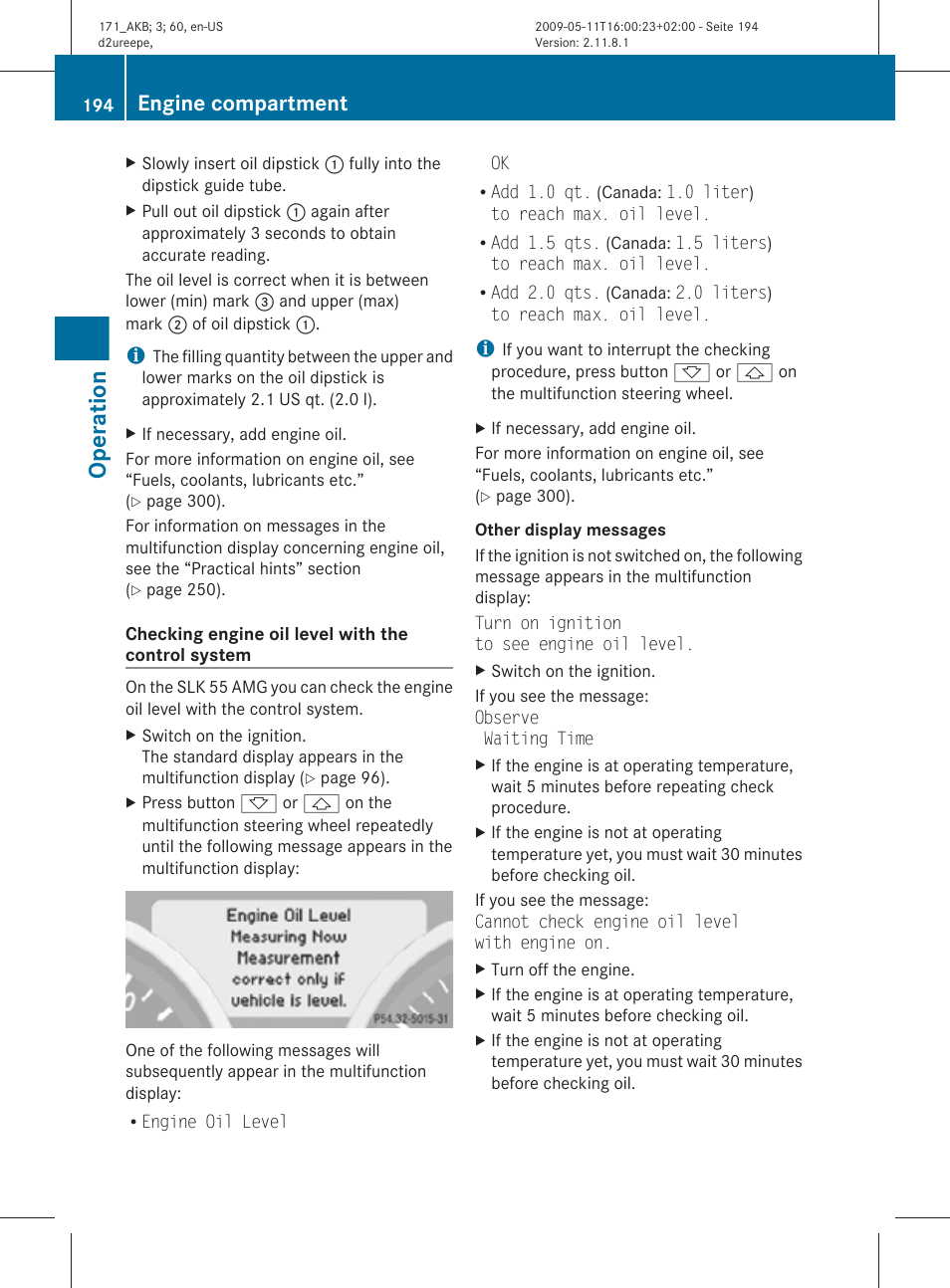 Only), Operation, Engine compartment | Mercedes-Benz SLK-Class 2011 Owners Manual User Manual | Page 196 / 312