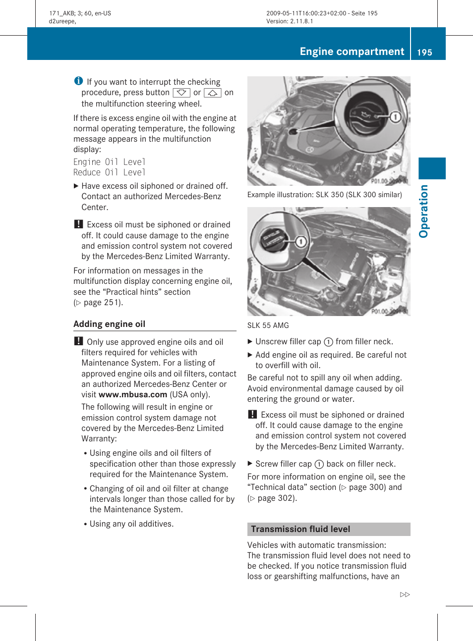 Transmission fluid level, Operation, Engine compartment | Mercedes-Benz SLK-Class 2011 Owners Manual User Manual | Page 197 / 312