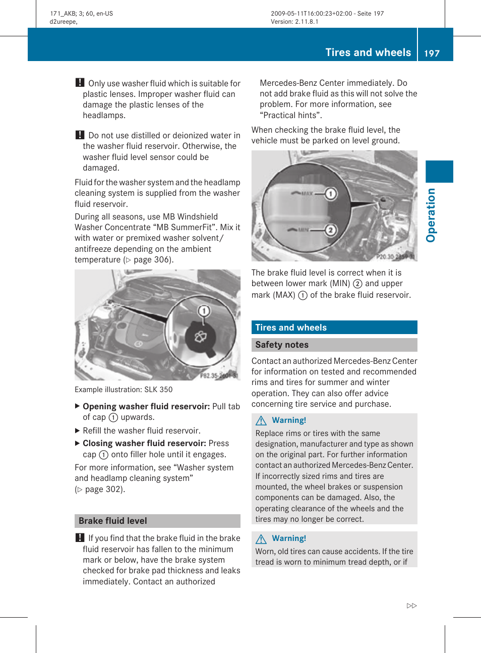 Brake fluid level, Tires and wheels, Safety notes | Brake fluid, Operation | Mercedes-Benz SLK-Class 2011 Owners Manual User Manual | Page 199 / 312